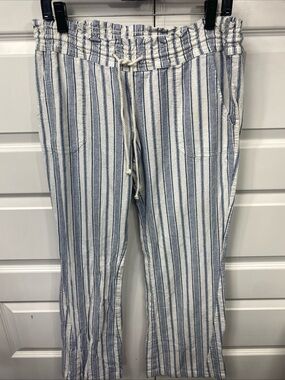 Coastal Roxy Lounge Beach Pants Blue Striped Cotton Linen Blend Drawstring XL